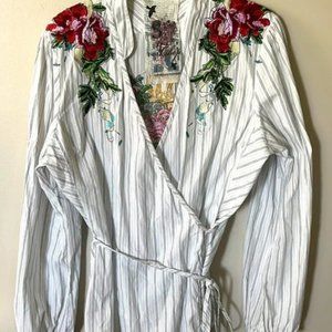 Johnny Was JWLA White Pinstripe Wrap Tunic with Red Floral Embroidery